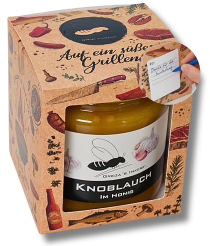 Grill Honigsüße Geschenk Box 1er Set mit Honig von Grega’s Imkerei 1× 250g Honigspezialität in „Grill-Geschenkbox“ mit Grußfeld auf Rückseite BBQ Geschenk-idee (Knoblauch im Honig 250 g)