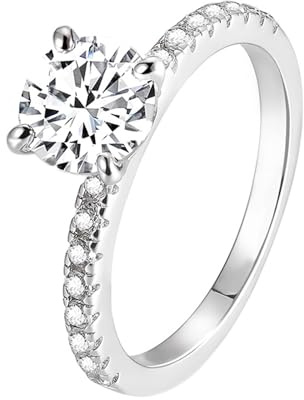Wycian Damen-Eheringe Sterlingsilber 6,5 mm mit Moissanit, 4 Zinken 6 mm 1 Karat runder Moissanit-Moissanit-Ring für Sie, Größe J 1/2 - R 1/2