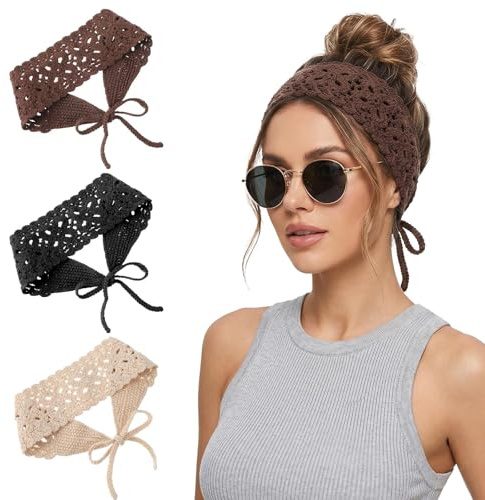 3 Stück Hippie Kopfband Damen, Hairband Women, Boho Haarbänder, Knit Hair Band, Floral Stirnbänder, für Frauen und Mädchen (Schwarz+Beige+Kaffee)
