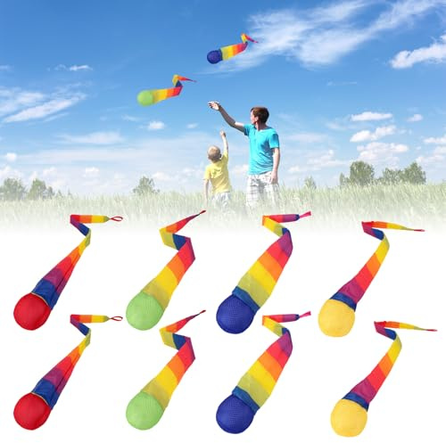 Fukaisu 8 Stück 66cm Wurf und Fangbälle mit Regenbogenschwanz, Lustige Sport Kometenbälle Spielplatz Wurf Fang Spielzeug für Outdoor Hinterhof Strand Camping Kinder Haustier Spiel (Bunt)