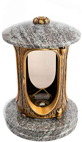 Stilvolle Grablaterne Elégant Granit Orion hell Höhe 23 cm/Ø 15 cm Grableuchte Grablicht Grablampe Granitlampe Granitlaterne Bronze mit Sockel Grabschmuck
