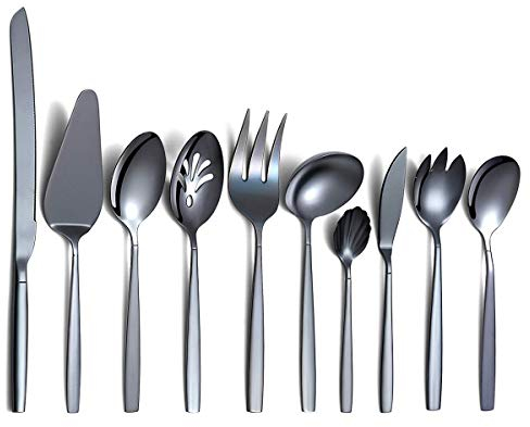 Berglander Black Silverware Servierset 10-teilig, Edelstahl-Besteck-Servierset mit schwarzer Titanbeschichtung, Servierlöffel, Silber-Serviergerät, Rostschutz, bleifrei (10 Stück)
