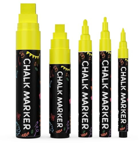 5 Yellow Chalkboard Chalk Pens - Yellow Dry Erase Markers for Blackboard, Chalkboard Signs, Windows, Glass | Variety Pack - Fine & Jumbo Size Ink Pen (1mm, 3mm, 6mm, 10mm, 15mm)