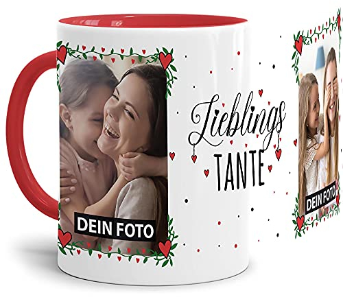 Tasse - Lieblings-Tante - zum selbst Gestalten mit zwei Fotos - Fototasse für die Tante - Keramik, Innen & Henkel Rot, 300 ml