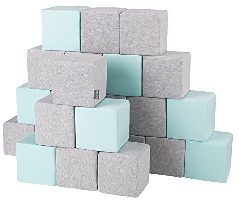 KiddyMoon Schaumstoff Würfel 14 cm Weiche Blöcke 24 Stücke Für Kinder Softbausteine UE, Blöcke: Hellgrau-Mint