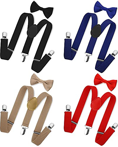 SATINIOR 4 Set Kids Suspenders and Bow Tie Set for Boys Girl Solid Color