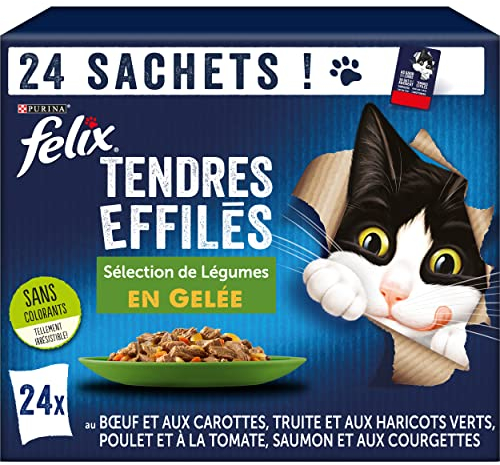 FELIX | Tendres Effilés | Chat Adulte | En Gelée | Recette 100% Complète et Equilibrée | Sélection Mixte aux Légumes : au Saumon, Truite, Bœuf et Poulet | Sachets Fraîcheurs | 24 x 85g