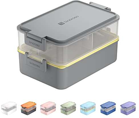 Linoroso Bento Lunch Box Boite Repas pour Adulte avec 3 Compartiment Lunchbox avec Récipient à Sauce et Ustensiles Micro Ondable et Lave-vaisselle, Sans BPA Comme Boîte à Sandwich Salade - Gris Ultime
