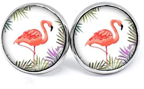 JUANLOWE Sommerliche Flamingo Ohrringe, Vogel Motiv, silberfarbene Ohrstecker aus Edelstahl mit Cabochon, Stecker
