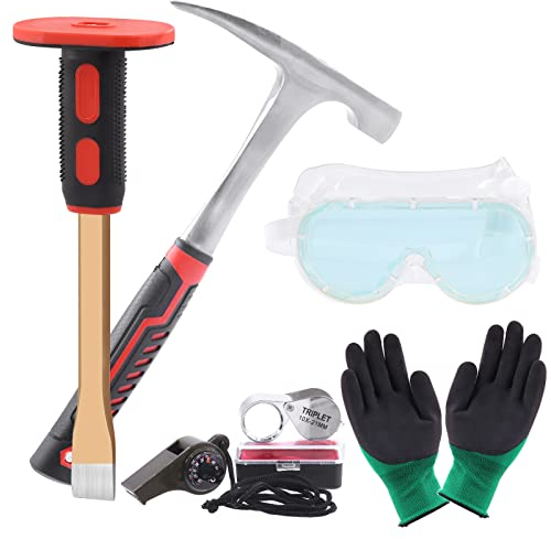 Wokape 6Pcs Geology Rock Equipment Tool Set, Rock Hammer and Mason Chisel, A Pair of Glovers, Safety Glasses, Whistle and Jewelers loupe, Pick Tool for Rock Hounding, Mining and Prospecting