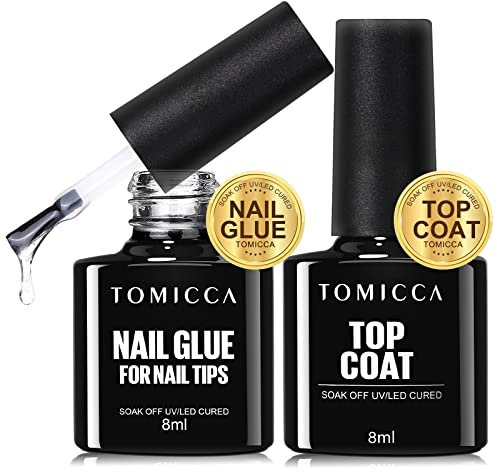 TOMICCA Gel Nail Glue Set, 8 in 1 and No Wipe Top Coat Kit for Acrylic Nails, Super Strong Brush On False Nails Polish, UV/LED Lamp Cure Required, 8.0 millilitre