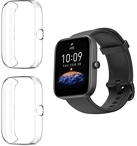 HOMTERN 2er-Pack Hüllen kompatibel mit AMAZFIT Bip 3 Hülle/Bip 3 Pro Hülle, flexible TPU-Hülle vollständig bedeckt, stoßfest, kratzfest, Displayschutzfolie, Hülle, 2 Stück, transparent