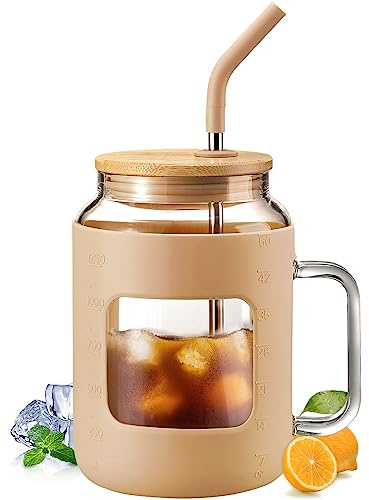 WINSA 50 oz Glass Water Bottles, 1.5 L, Amber | Iced Coffee Cup with Handle, Glass Tumbler with Lid and Straw, Silicone Sleeve, BPA Free, for home office