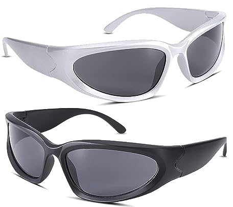 2 Stück Y2k Sonnenbrille, Sportbrille, Sonnenbrille, Sonnenbrillen Fahrradbrille Herren, Sport Sonnenbrille, Y2K Futuristische Sonnenbrille, Lightweight Wrap Around UV400 for Running Cycling Fishing