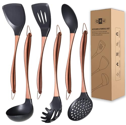 Kitchen Utensils Set, Large Non-stick Silicone Cooking Utensils Set 6 Pcs,Made of 446°F Heat Resistant Food Grade Silicone and Stainless Steel Handles,Easy to Clean Kitchen Gadgets Set (Rose Gold)