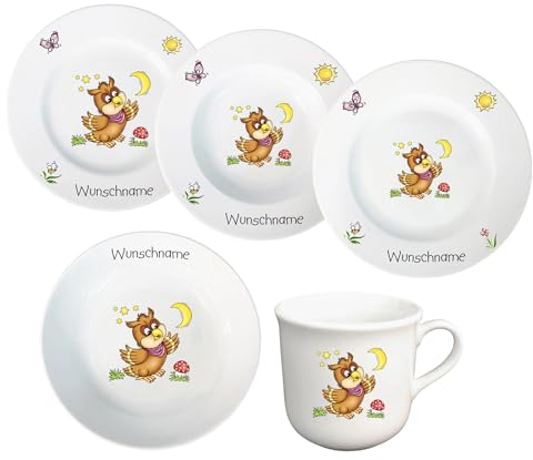 Kindergeschirr Kinderservice 5-tlg. Kinder Service Set aus Porzellan Teller Becher Schale personalisierbar mit Wunschname Name Kindergeschirr mit Namen personalisiert (Eule)
