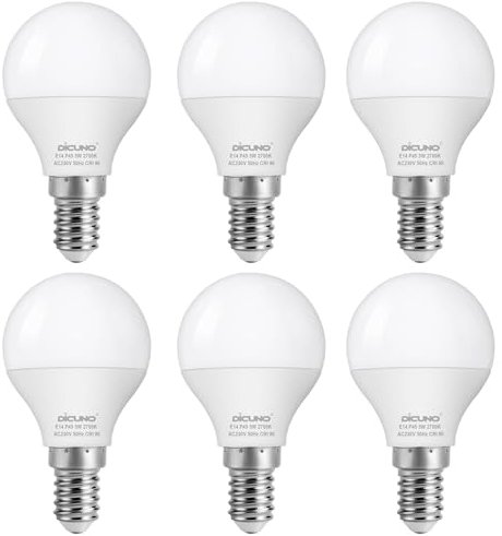 DiCUNO E14 LED Lampe 5W, Warmweiß 2700K, ersetzt 50W Glühbirne, LED Leuchtmittel in Tropfenform P45/G45, 550LM, 220° Abstrahlwinkel, 230V, CRI90, nicht dimmbar, 6er Pack