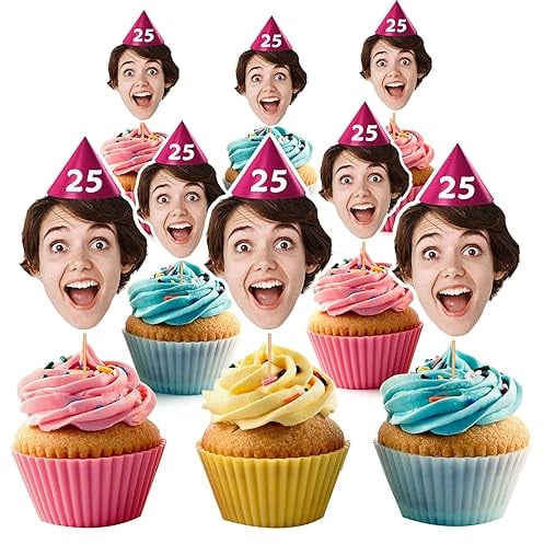 Personalised Photo Face Faces Cupcake Toppers Custom Cake Topper 25th Birthday Party Decorations 18th 21st 30th HBD25