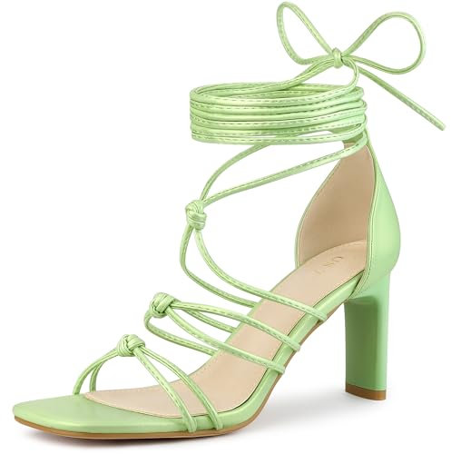 Allegra K Sandalias de tacón grueso con cordones y punta cuadrada para mujer, lime green, 37 EU