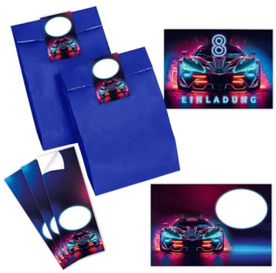 Minkocards 12 Einladungskarten zum 8. Kindergeburtstag Junge Auto Rennauto Einladungen achte Jungsgeburtstag Rennwagen incl. 12 Umschläge, 12 Partytüten/blau, 12 Aufkleber
