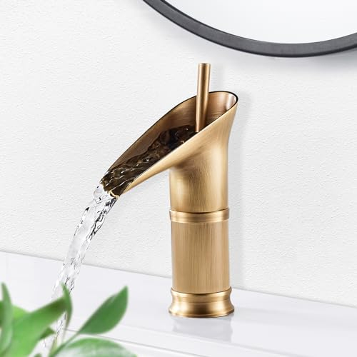 ROWINNAO Wasserfall Wasserhahn Bad Antik Messing, Kurz Waschtischarmatur Bad Retro Gold, Einhebel Badarmatur Mischbatterie Waschbecken Kaltes und Heißes aus Messing, Waschbeckenarmatur G 3/8”