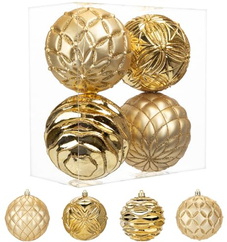Ø10cm 4er-Set Weihnachtskugeln Christbaumschmuck Große | Weihnachtskugeln Kunststoff Weihnachtsdeko Weihnachtsbaum Dekoration Set für Weihnachtsbaum Christbaumkugeln, Gold