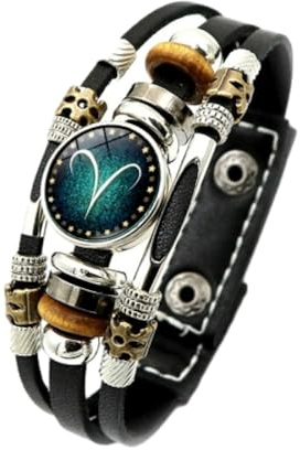 Widder 12 Sternzeichen Leuchtendes Armband – Sternbild-Manschettenarmband Astrologie Geflochtenes Leder-Manschettenarmband, Mehrschichtiges Punk-Lederarmband Für Herren Und Damen, 17,5, 20,5 Cm
