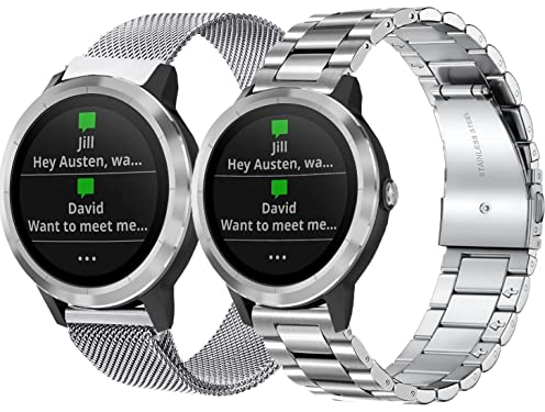 20mm Metall Armband for Garmin VivoActive 5/3,Forerunner 165/55/245/645 Armband, 2Pack Metallarmband Edelstahl Armbands for Garmin Venu/Venu Sq/Sq 2/Venu2 Plus Frauen Männer Silber