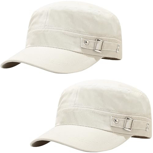 2 Pcs Unisex Beige Military Stil Army Cap Verstellbare Baseball Cap Flat Top Cap Sommer Sonnen Kappe für Herren Damen
