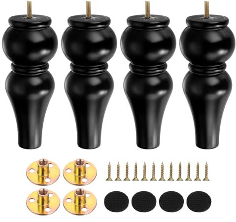 sourcing map 8 Inch Wood Furniture Legs, Set of 4 Sofa Replacement Wooden Furniture Feet Dresser Legs with Mounting Screws, for Cabinets Couch Dresser Chair Desk Ottoman Table, Black