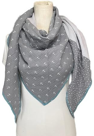 Musselintuch Anker Grau Hellgrau Punkte mehrfarbiges Einzelstück Dreieckstuch Halstuch Damen XXL Wickelschal Tuch Stola Handmade Schal einlagig