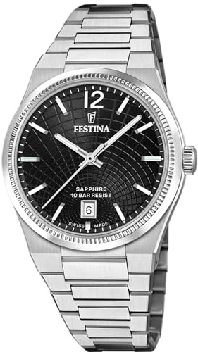 Festina Swiss Made Damenuhr Analog aus Edelstahl 316l Silberfarben | Quarzwerk, Robustes Saphirglas, Wasserdicht 10 ATM, Kalender F20052/8, Rive Collection