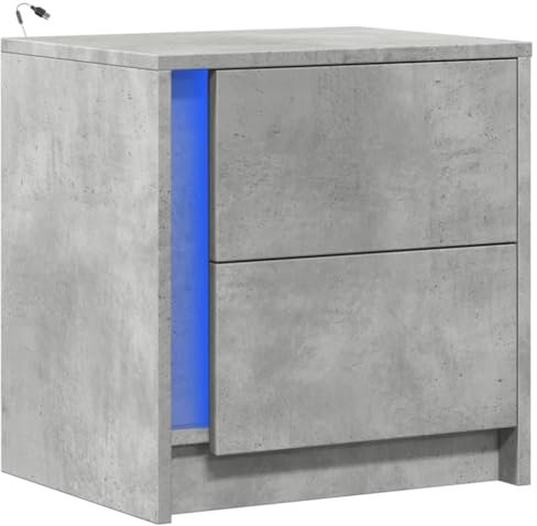 vidaXL Bedside Cabinet with LED Lights - Concrete Grey End Table, Engineered Wood - 43x34x45 cm - Bedroom/Nightstand Storage with Drawer