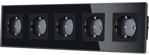 TAWOIA Schuko Steckdose,EU-Standard 5 Fach Steckdose Glas Unterputz Steckdose,Steckdosen mit Kristall Glas Platte 5er steckdose Wandsteckdosen Schwarz 86 * 370mm