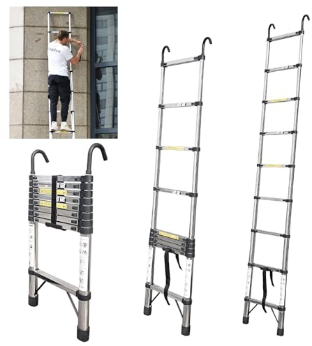 JADDUO 2,6m Aluminium Teleskopleiter mit Haken, 150 kg Belastbarkeit | Trittleiter mit 30 cm Stufenabstand und Haken, rutschfeste Füße, leicht & kompakt für Heim-, Decken- und Dachbodenarbeiten