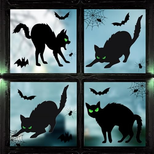 ALEGRE® Halloween Fensteraufkleber, 6 Blätte Fledermaus Katze Halloween Fensterdeko, Halloween Deko Fenster Sticker, Wasserdichtes Halloween Sticker, Horror Deko Fensteraufkleber Halloween Dekoration