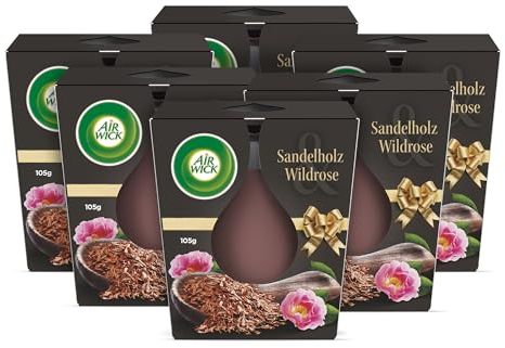 Air Wick Wohlfühl-Duftkerze im Glas – Duft: Sandelholz & Wildrose – Je bis zu 20 Stunden Brenndauer – Enthält natürliche ätherische Öle – 6 x 105 g Duftkerzenset