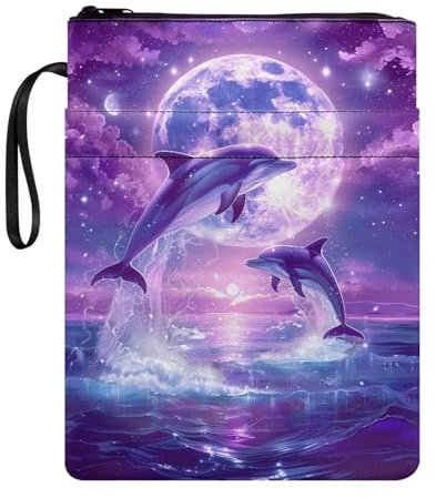 Wanyint Book Sleeve Washable Book Pouch with Smooth Zipper Book Covers for Paperbacks 11.4’’ x 8.7’’ for Book Inspired, Dolphin Moon Violet