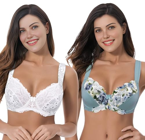 Curve Muse Grande Taille Non doublé À Armatures Soutien-Gorge en Dentelle avec rembourré Épaule Sangles - Paquet de 2-Cream Print,Sage-105F