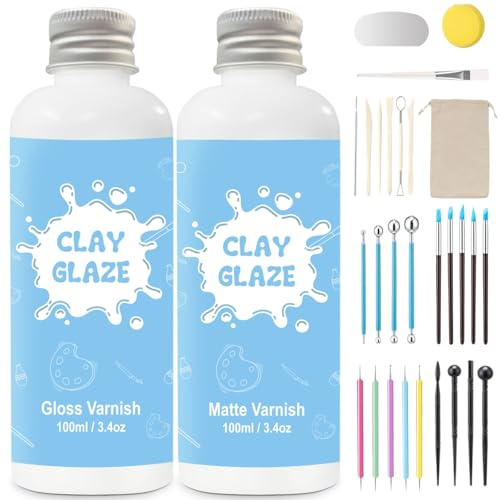 2 x 100ml air dry clay glaze und 30pcs modellierwerkzeug,ton glasur ohne brennen Schützt die Keramik vor Oberflächenverschleiß und kann zum Stippeln,Schnitzen,Gießen verwendet werden (Glanz und Matt)
