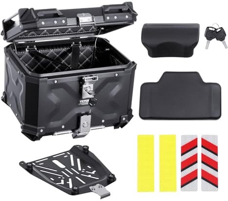 VEVOR Motorrad-Topcase Motorradkoffer 55 L Heckbox aus Aluminiumlegierung mit Lederfutter, abnehmbare Motorrad-Topbox mit Schloss & Rückenpolster, Helmkoffer (470 x 430 x 367 mm) Schwarz