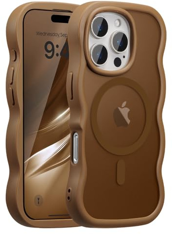 UEEBAI Magnetic for iPhone 14 Pro Case, Cute Cover Compatible with MagSafe, Transparent Clear Wave Design Wavy Frame Matte Phone Case- Gold