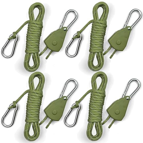 14ft Reflctive Small Rope Tie Down Ratchet Strap Retractable Canopy Tent Accessories for Camping Grow Light Kayak Hanger with Reinforced Hooks 1/8 (4-Pack) (Army Green)