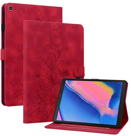 Rosbtib Coque pour Samsung Galaxy Tab A 8.0 (2019) 8 SM-T290/T295, Multi-Angles de Visualisation Housse de Protection en Similicuir avec Porte-Carte Couverture Motif Lys, Rouge
