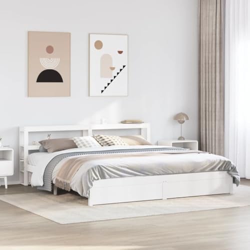vidaXL 180x200 cm Super King Wooden Bed Frame with Shelving Headboard - Solid Pine Wood, White, Bedroom Furniture