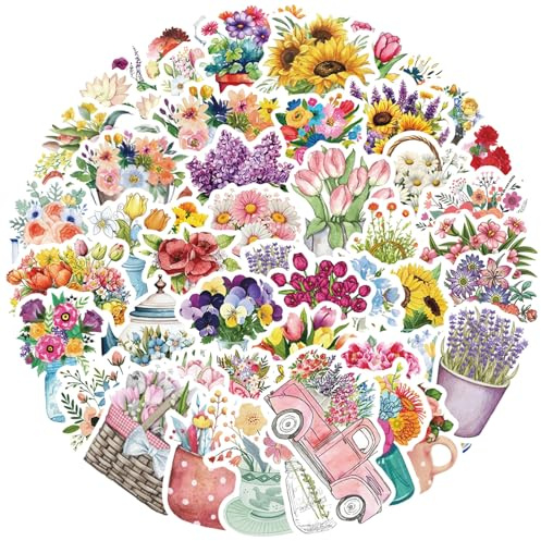 Canollo 50 Stück Blumen Sticker Set, Farbenfroh Blumen Sticker, Scrapbooking Graffiti Blumensticker, Pflanzen Aufkleber, Blumensticker für Fotoalbum, Sammelalbum, Laptops, Handyhüllen