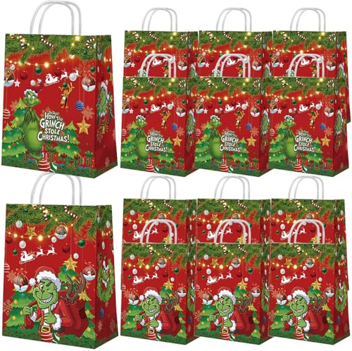 YGCHEN Weihnachtstaschen Weihnachtsmuffel Geschenktüten Weihnachten Geschenktasche Weihnachtstüten Weihnachtskraft Partytüten Weihnachtsfeier Süßigkeiten Tüten Weihnachtsdeko 12 Stück