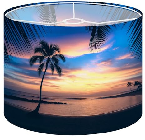 Fabric Drum Lamp Shade Sunset Sihouette Palm Tree Poipu Beach Hawaii Vintage Funky Medium Linen Decorative Lampshades 13inch Set of 1 for Table Lamps, Floor Lamps,Ceiling Lamp