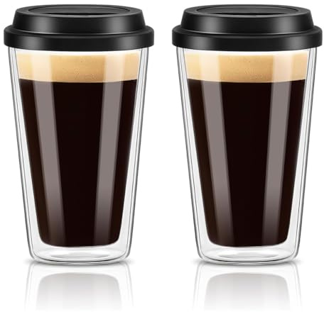 Tel Charme * 2x350ml Double Walled Insulated Coffee Glasses Mugs Coffee Cups with Silicone Lids, Espresso Cups Heat Resistant Glass Cups for Cappuccino Coffee Tea Milk Juice Latte