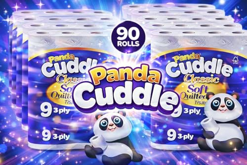 Get The Gift Panda Cuddle 3‑Ply Quilted Toilet Paper – Ultra Soft & Gentle Bulk Loo Rolls, Mega Value Pack of 90 Rolls, Sustainable Gentle Bathroom Tissue & Unscented- 90 Pack Bulk Bathroom Tissue